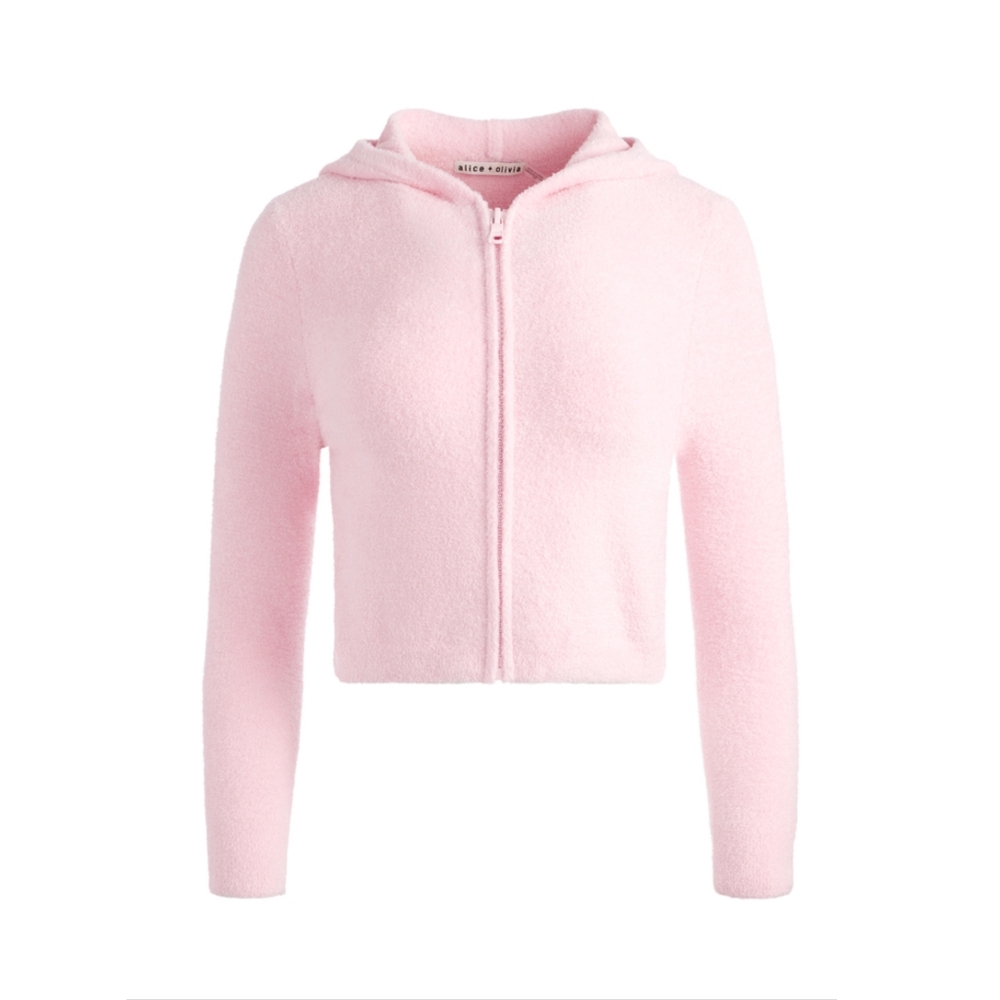 Alice + Olivia Lidell Cropped Zip Up Eyelash Knit Hoodie in Petal Baby Pink